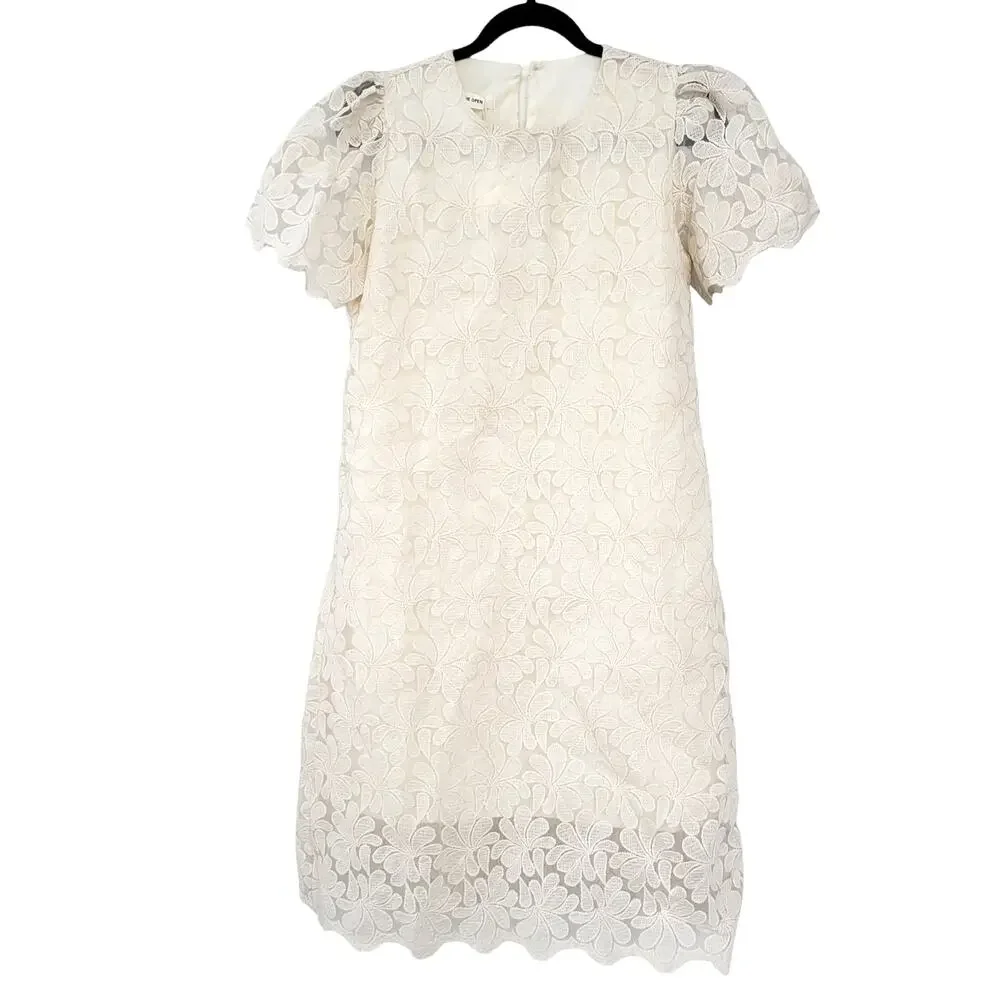 TheOpen Product Ivory Floral Applique Short Sleeve Shift Dress Women Sz S/M - Picture 2 of 7